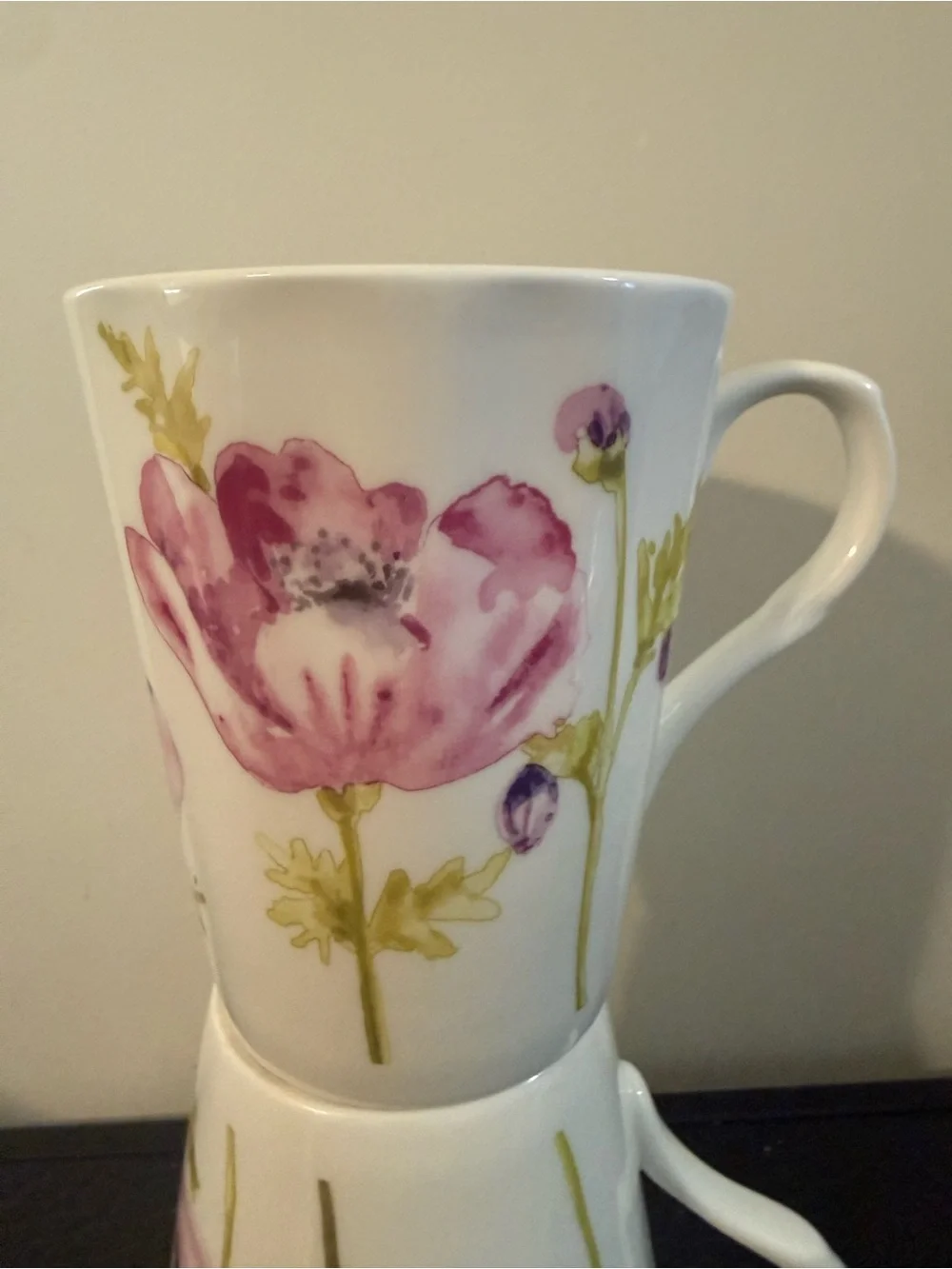 Set Of 2 Rose Of England Fine Bone China Floret Mugs Cups, 4 inches tall
